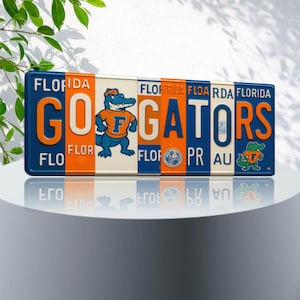 GO GATORS ナンバープレートサイン - フロリダ ゲイターズ メタルウォールアート | オレンジとブルーのファンの洞窟、寮、テールゲートの装飾 (16×6)
