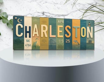 Charleston License Plate Art Collage | Vintage-Style Metal Wall Sign, Holy City SC Decor, Southern Housewarming Gift