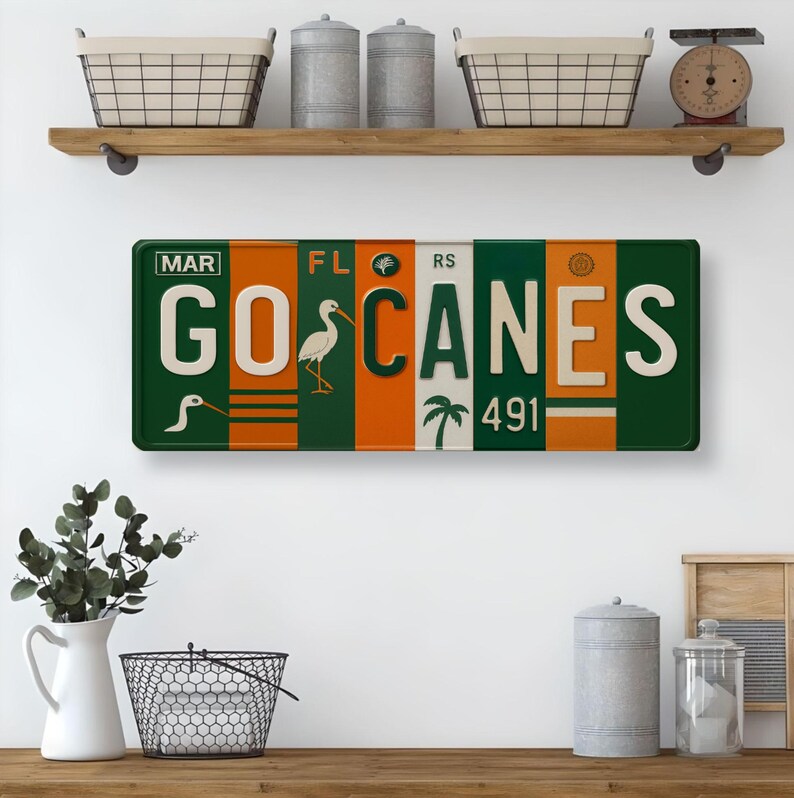 Go Canes License Plate Sign - Coral Gables Game Day Metal Wall Art | Orange and Green Miami Fan Cave, Dorm & Tailgate Decor 16x6 image 3