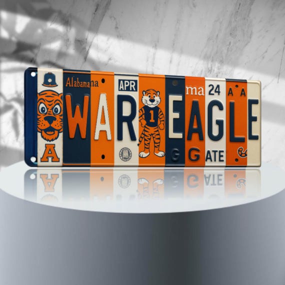 War Eagle License Plate Sign – Auburn Tigers Metal Wall Art | Orange and Navy Fan Cave, Dorm & Game Day Decor (16×6)