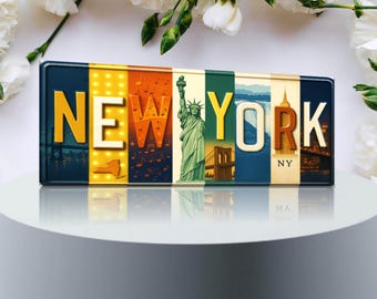 New York License Plate Art Collage | Vintage-Style Metal Wall Sign, NYC Skyline Decor, New York Lover Gift for Him or Her
