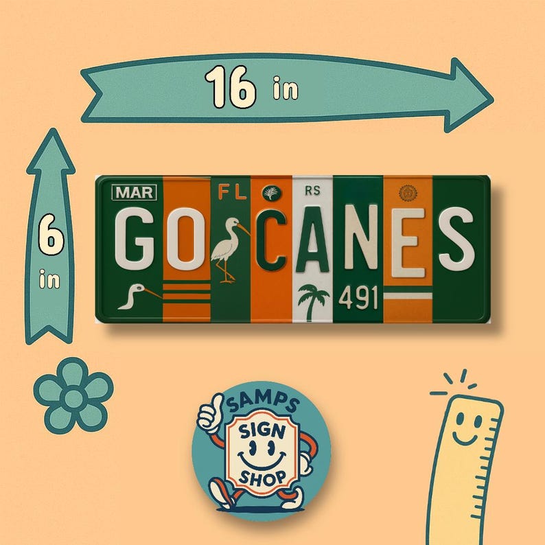 Go Canes License Plate Sign - Coral Gables Game Day Metal Wall Art | Orange and Green Miami Fan Cave, Dorm & Tailgate Decor 16x6 image 5