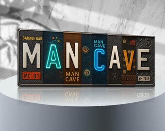 Man Cave License Plate Art Collage | Vintage-Style Metal Wall Sign, Garage Bar Decor, Game Room Gift for Dad or Husband