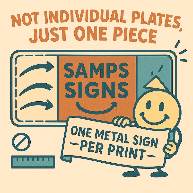 May include: A retro-style metal sign with the text "NOT INDIVIDUAL PLATES, JUST ONE PIECE" at the top. The sign features a smiling yellow character holding a banner that reads "ONE METAL SIGN -PER PRINT-". The sign also has the text "SAMPS SIGNS".