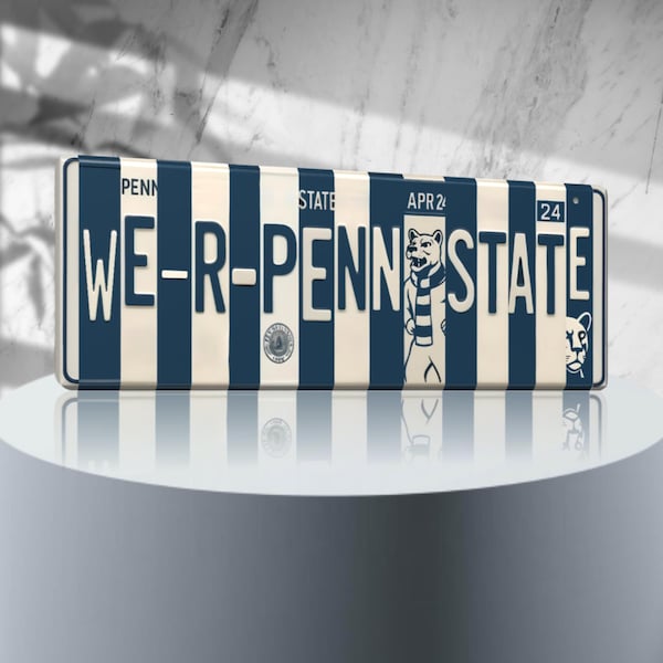 We are Penn State License Plate Sign – Penn State Nittany Lions Metal Wall Art | PSU Nittany Navy & White Dorm, Fan Game Day Decor (16×6)