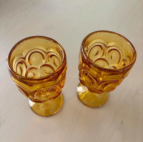 Vintage L.E. Smith Amber Moon and Stars Goblets Set of Two - Etsy