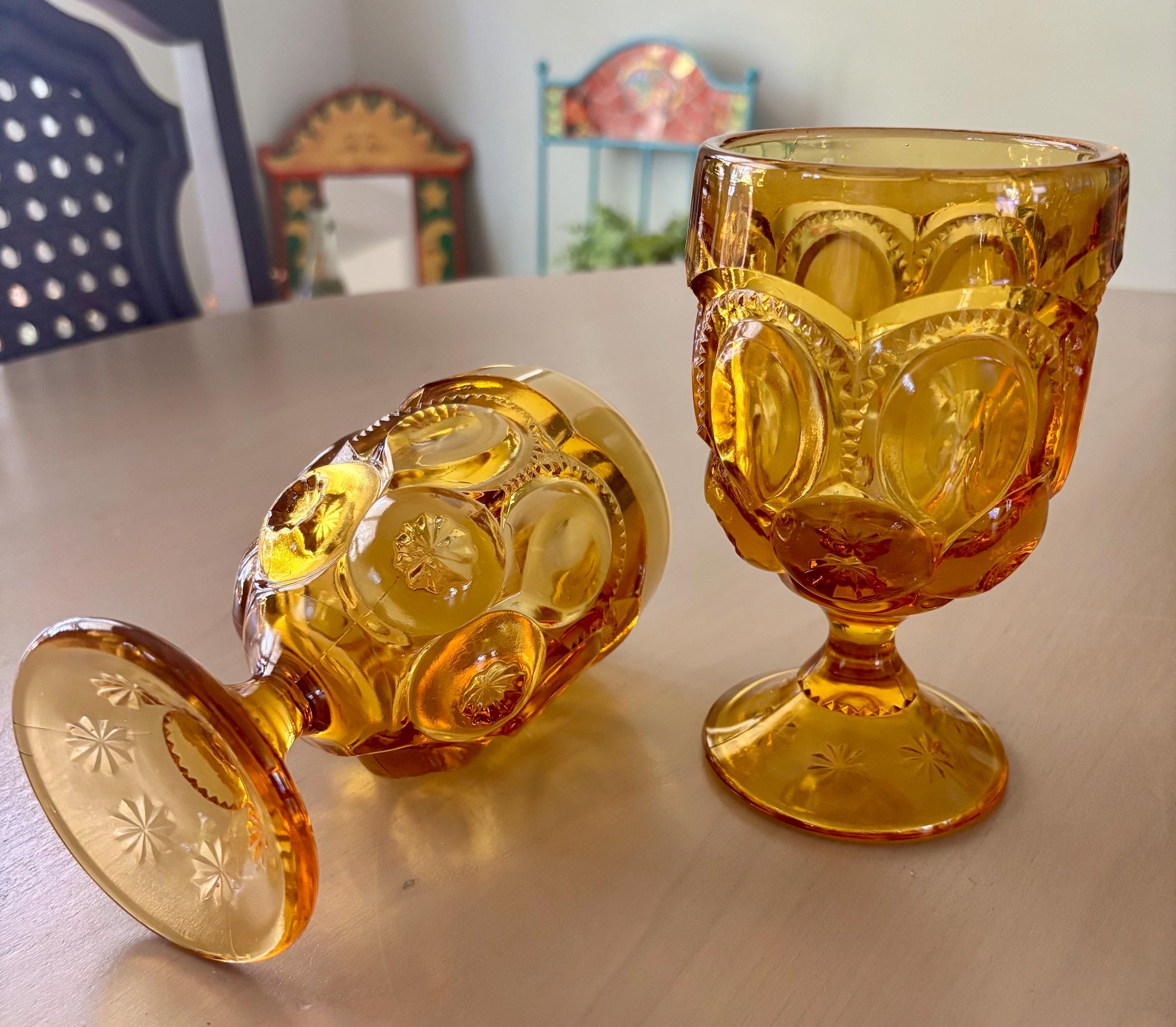 バーベキュー・調理用品 Vintage Amber Moon and Stars Goblets Vintage LE Smith Amber Moon and Stars Glass Pedestal Compote