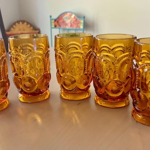 バーベキュー・調理用品 Vintage Amber Moon and Stars Goblets Vintage LE Smith Moon and Stars Yellow/amber Footed Covered