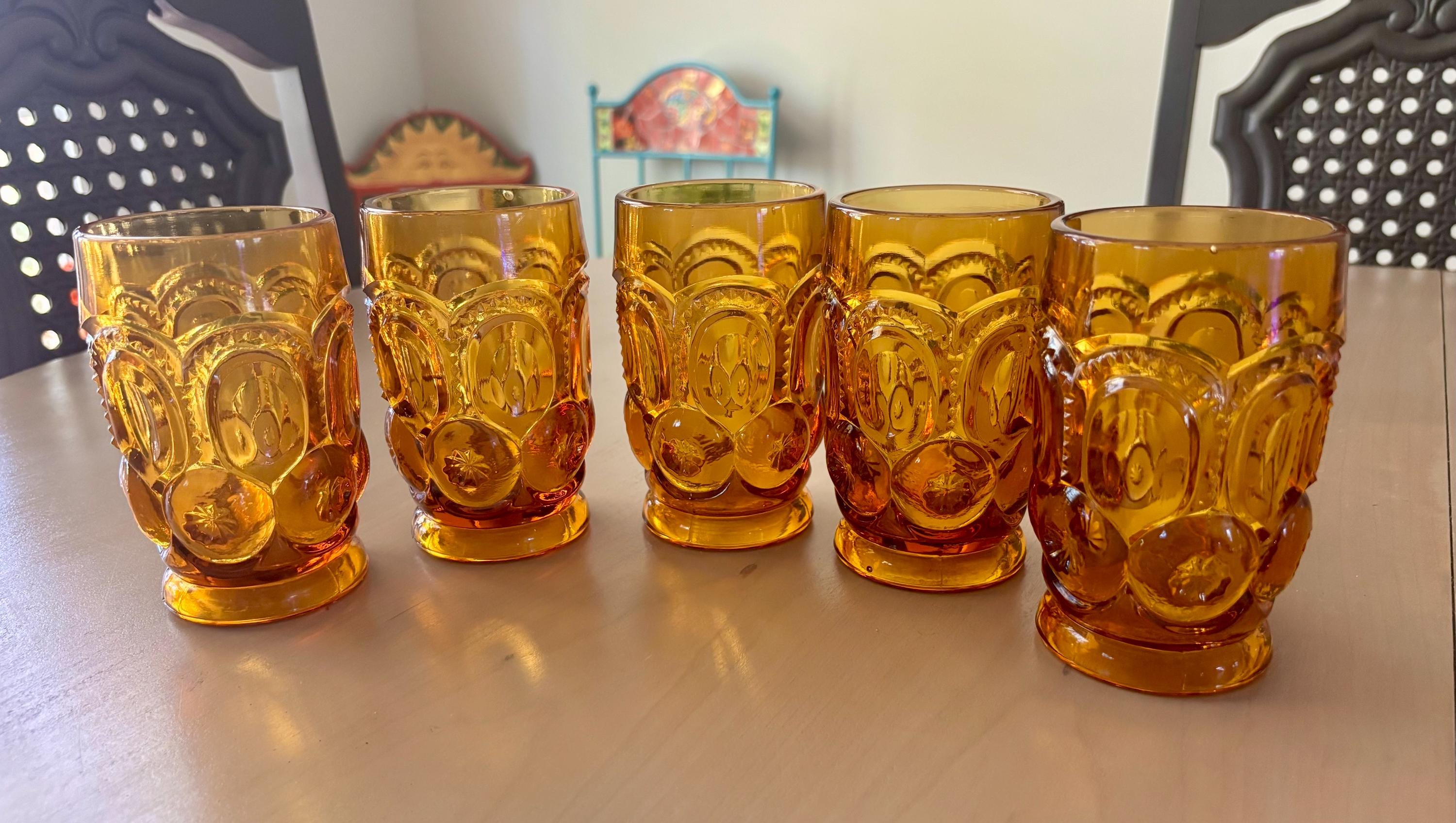 バーベキュー・調理用品 Vintage Amber Moon and Stars Goblets L.E Smith Amber Moon Stars Glass Compote