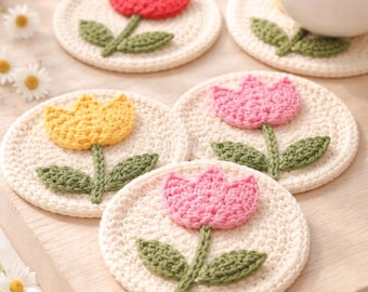Patrón de posavasos de tulipán a crochet, bricolaje floral para principiantes, crochet fácil (descarga digital)