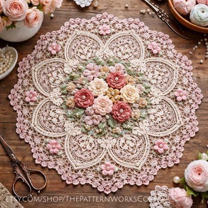 Può includere: Un centrino rotondo fatto a mano con intricati motivi in pizzo color crema e rosa. Il centro presenta una composizione floreale di fiori rosa, pesca e crema con accenti di perle. Su una superficie di legno, con forbici e fiori.