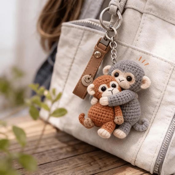 Hugging Monkeys Punch Monkey Inspired Crochet Pattern PDF, Amigurumi Keychain Car Mirror Charm Mother's Gift
