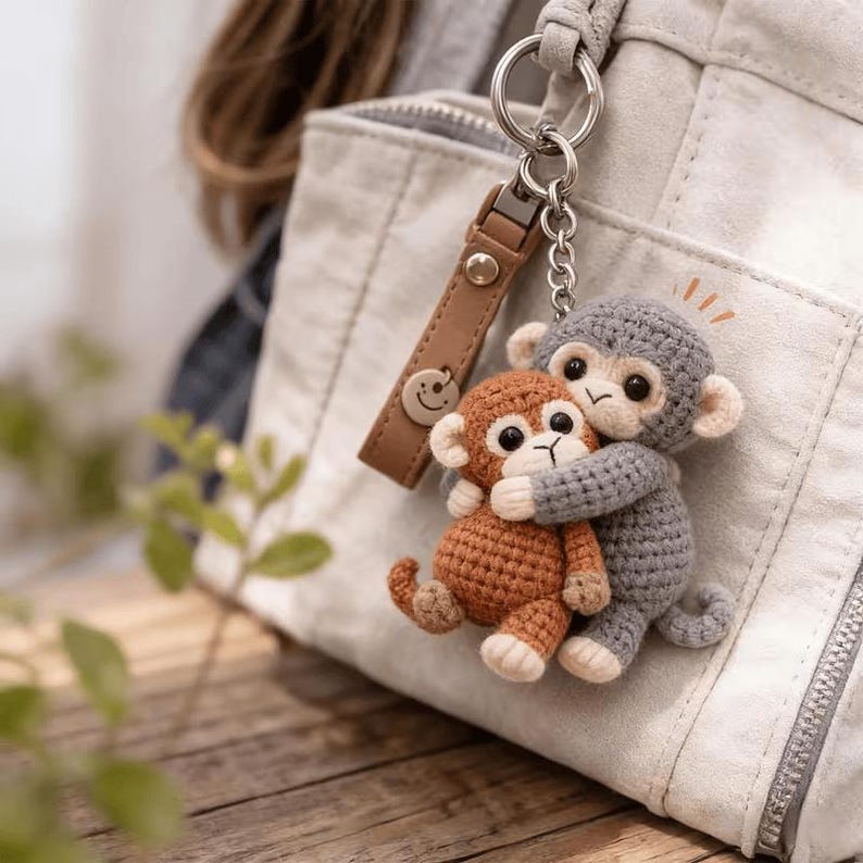May include: A handmade crochet keychain featuring two hugging monkeys. One monkey is brown, the other is gray. The keychain has a brown leather strap with a smiley face charm and a silver keyring. The background includes a white bag and a wooden surface.