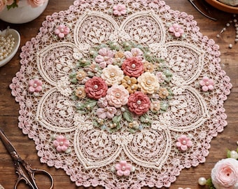Handgemaakt gebloemd kanten kleedje, roze ivoor gehaakt tafeldecor, Cottagecore-hoofdstukpatroon (pdf)