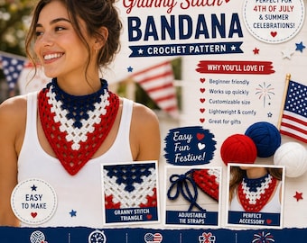 4th of July Crochet Pattern Granny Stitch Patriotic Bandana Scarf PDF