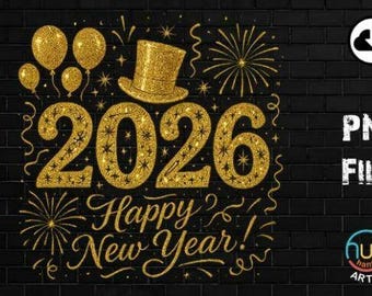 PNG/Diseño retro de sublimación con brillo dorado para Año Nuevo 2026 (descarga digital)