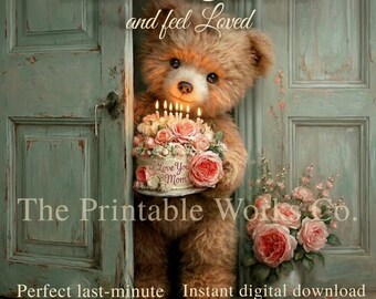 Lámina con diseño de osito de peluche para el Día de la Madre / Arte para pastel con la frase "Te quiero, mamá" (Descarga digital)