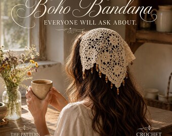 Boho Lace Crochet Bandana Pattern, Triangle Headscarf PDF with Floral Mandala Beaded Fringe Design