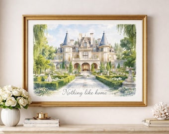 Lámina de mansión en acuarela, arte elegante de castillo, cita "Nada como el hogar" (descarga digital)