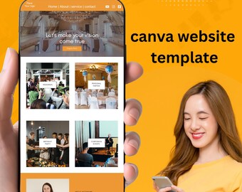 Plantilla web para invitaciones de boda / Confirmación de asistencia personalizada con Canva, detalles de la boda y planificador