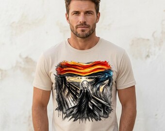 Camiseta con estampado de grito gótico - Ropa urbana artística oscura, reinterpretación de un boceto gráfico a tinta de Edvard Munch.