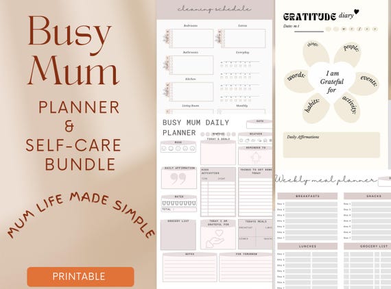 Busy Mum Planner Bundle | Daily and Weekly Organizer, Meal, Budget and Self-Care Printables | A4 & US Letter PDF | Instant Download
