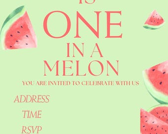 Invito di compleanno "One in a Melon" / Modello Canva modificabile / Invito alla festa dell'anguria / Download digitale per il primo compleanno / Festa estiva