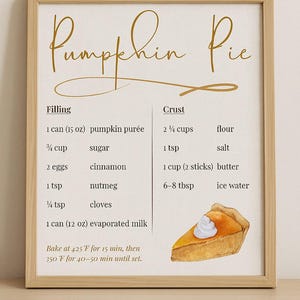 Pumpkin Pie Recipe Print: Watercolor Fall Kitchen Art (Digital Download