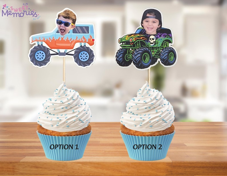 May include: Two cupcakes with white frosting and blue sprinkles. Each cupcake has a topper with a child's face in a monster truck. One truck is blue and orange, the other is green and black. The cupcake liners are blue, and the text "OPTION 1" and "OPTION 2" are visible.