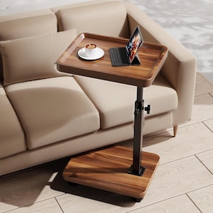 Adjustable C Shaped Sofa Side Table with Wheels - Wooden/Marble Rolling Couch Tray Table Summer Gift