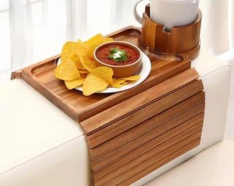 Mesa auxiliar grande de bambú con reposabrazos y soporte giratorio para teléfono de 360 grados, organizador remoto, regalo de verano