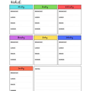 May include: A white meal planner titled "Balanced Bites Planner" with sections for each day of the week. Each day has space to write down breakfast, lunch, snack, and dinner. The planner includes a notes section.