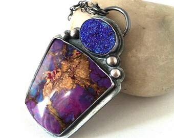 Nebula Necklace - Mojave Purple Turquoise and Titanium Druzy in Sterling Silver