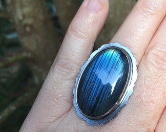 Songs in the Night Labradorite Ring with Coyote, size 7