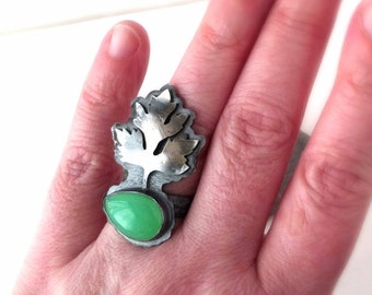 Spring Awakening - Chrysoprase and Sterling Silver Ring with Leaf - Size 7.5