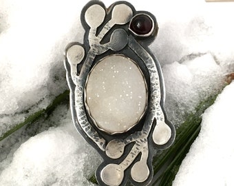 Snowfall Ring - White Druzy and Garnet Ring in Sterling