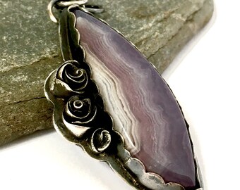 Lavender Aztec Agate and Sterling Necklace with Roses - Lavender Fields