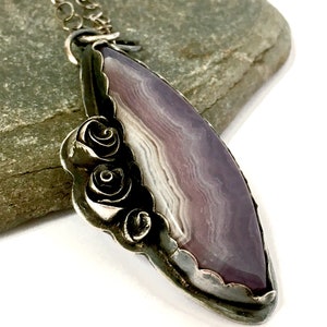 Lavender Aztec Agate and Sterling Necklace with Roses Lavender Fields image 1