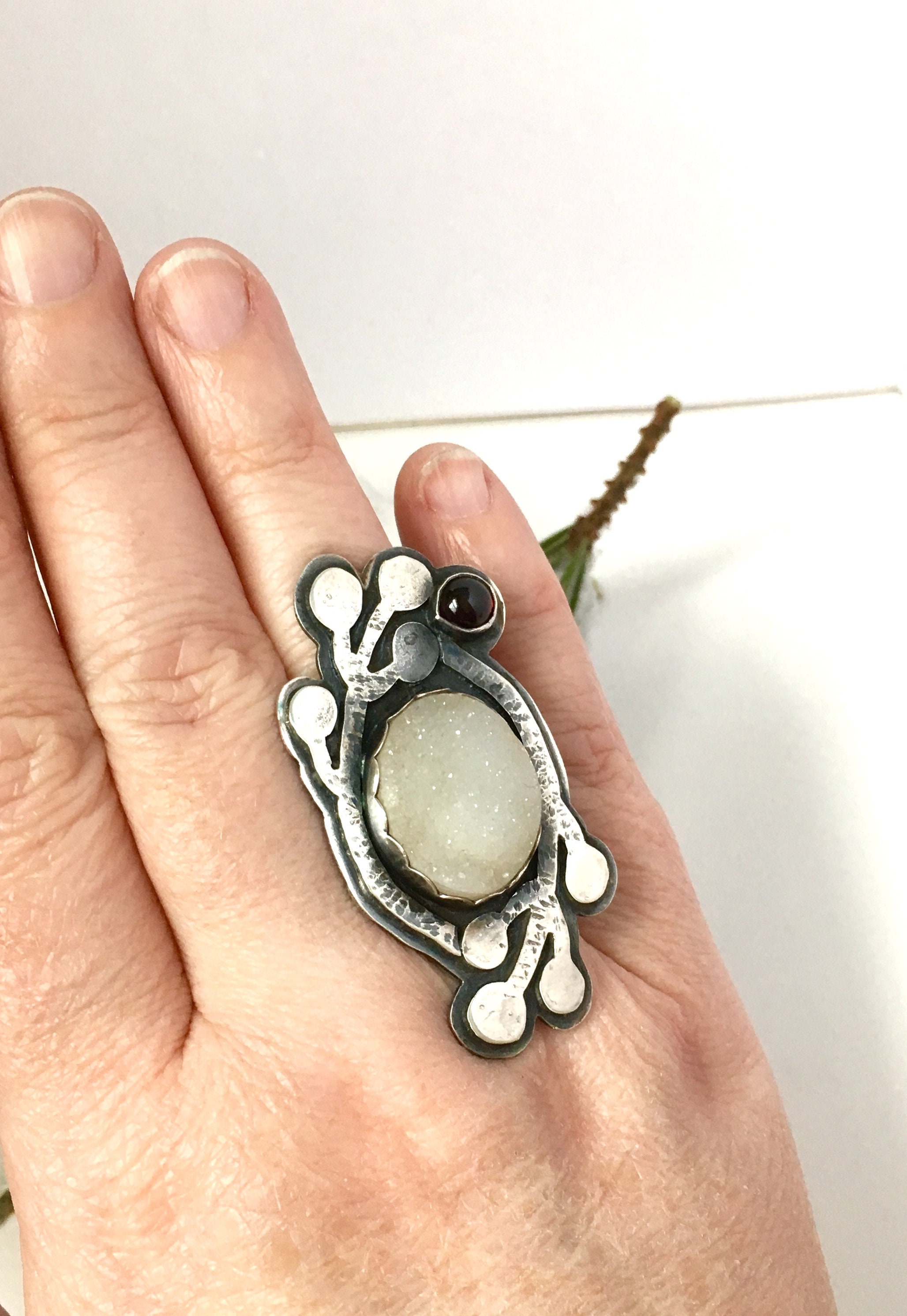 Snowfall Ring Snowfall Ring White Druzy and Garnet Ring in Sterling - Etsy