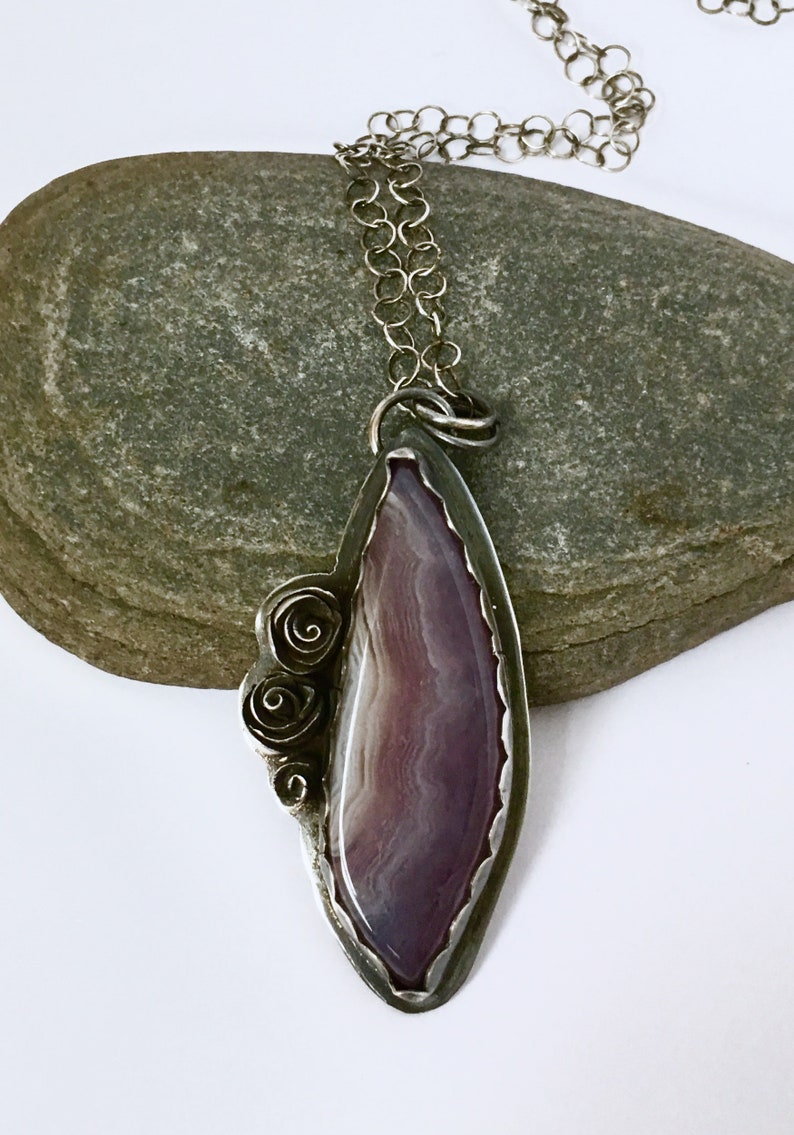Lavender Aztec Agate and Sterling Necklace with Roses Lavender Fields image 2