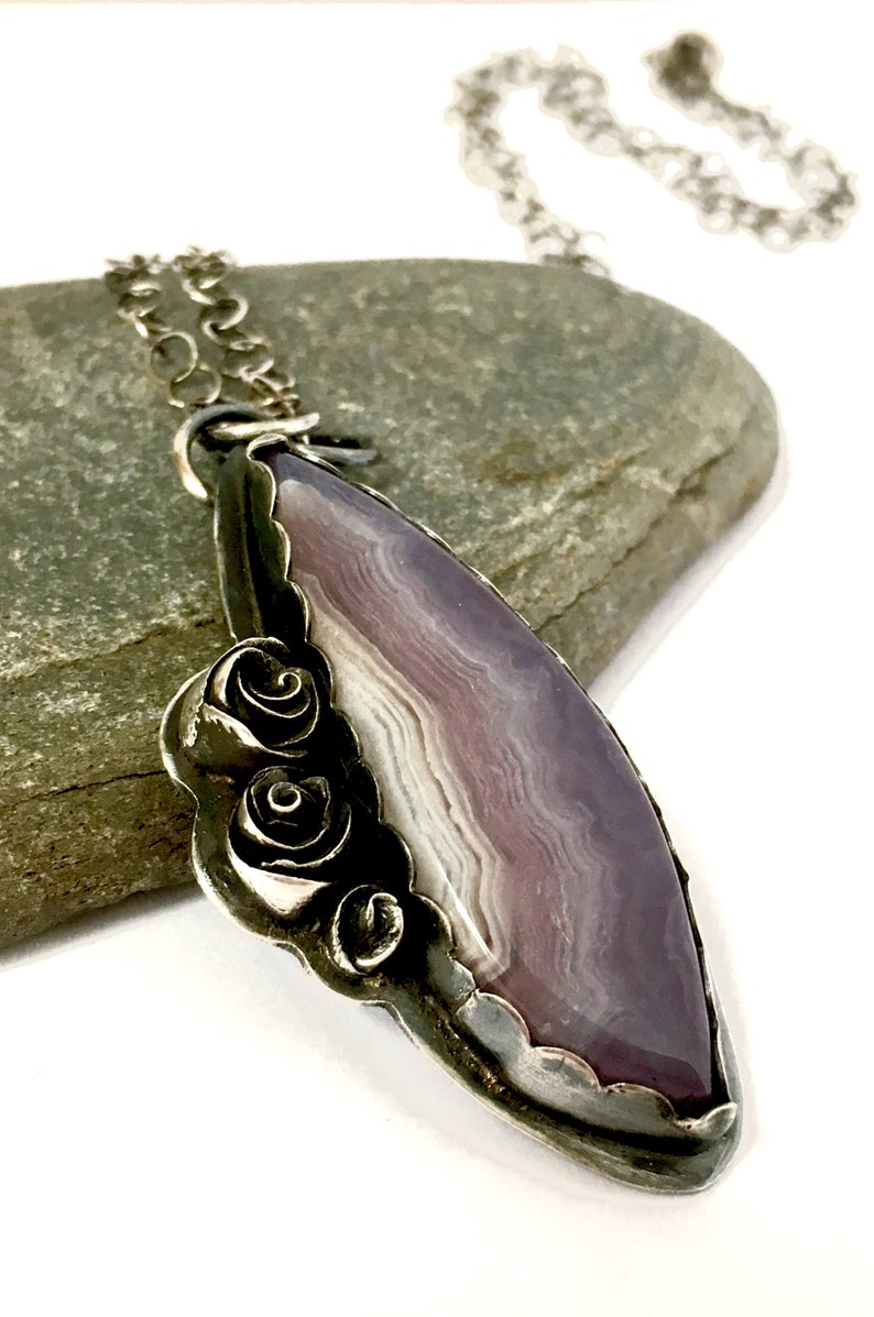 Lavender Aztec Agate and Sterling Necklace with Roses Lavender Fields image 1