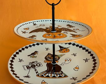 Halloween 2 Tier Dessert Stand | Tiered Black Cat & Bat Cake Stand
