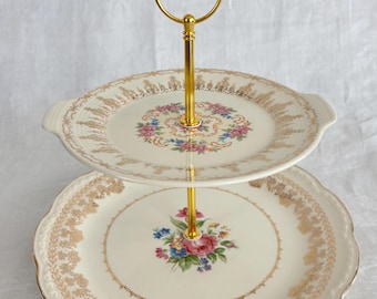 Vintage Floral 2-Tier Cake Stand | 22K Gold Trimmed China Tea Party Tray
