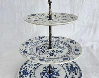 Vintage Blue & White Mismatched 3-Tier Dessert Stand | Mixed Pattern Tea Serving Stand