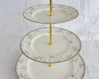 Peach and Blue Floral Vintage 3-Tier Cake & Dessert Stand | Tea Party Serving Tray