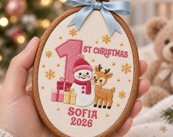 Baby First Christmas Hoop Ornament, Custom Name 1st Xmas Newborn Keepsake, Embroidered Christmas Ornament, New Baby Gift, Baby Shower Gift