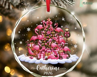 Flamingo Christmas Ornament, Custom Name Pink Flamingo Ornament, Gift For Flamingo Lovers, Tropical Christmas,Beachy Coastal Christmas Decor