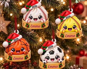 Personalized Sport Dumpling 3D Ornament, Acrylic Squishy Style Christmas Ornament, Custom Name Ornament, Baseball Softball Soccer Ornament