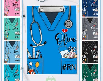May include: A clipboard featuring a blue medical scrubs design with a stethoscope and pockets filled with medical supplies. The name "Olive" is written in cursive, with a heart symbol. Additional clipboards with names like "Jogie" and "Jora" are also shown.