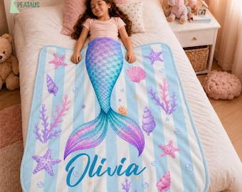 Personalized Mermaid Blanket Girl, Custom Kids Name Blanket, Toddler Blanket Name, Mermaid Birthday Party Favor, Daughter Birthday Gift